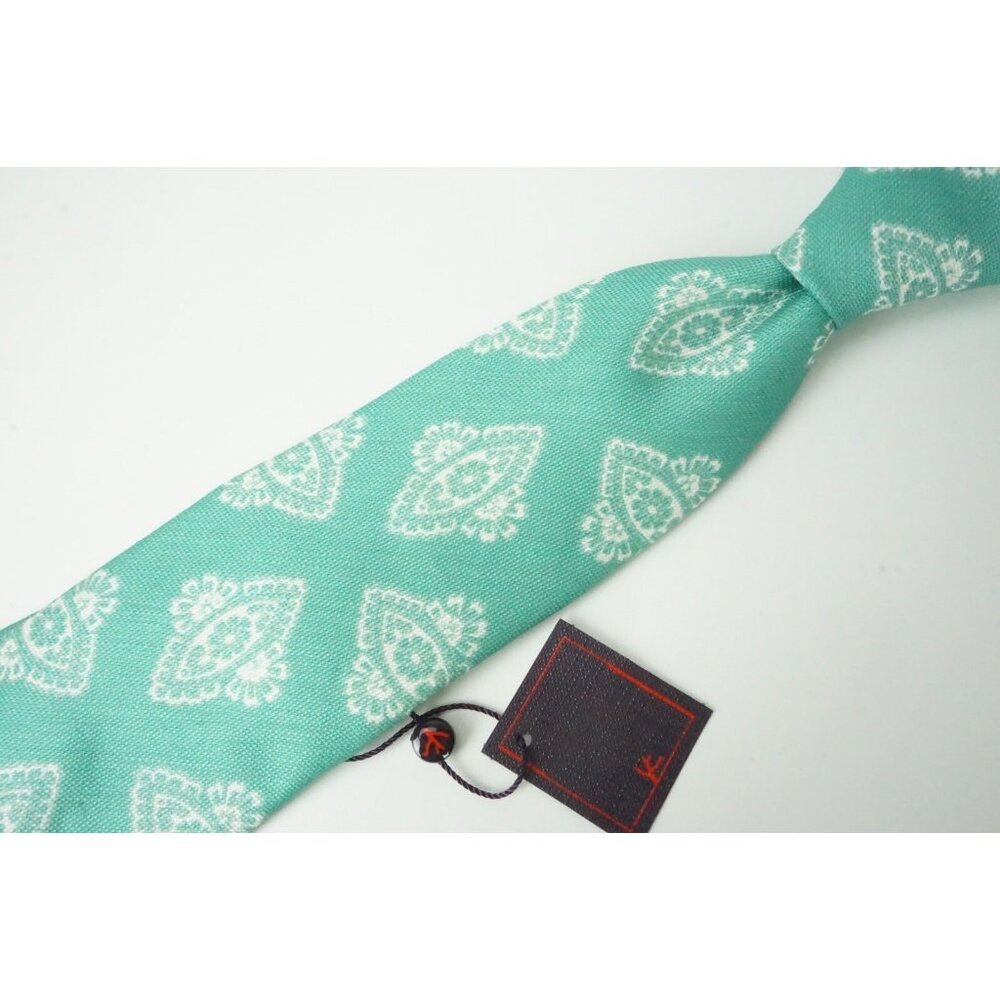 Isaia 7 Fold Mint Green White Paisley Linen Blend Tie Brand New Tie
